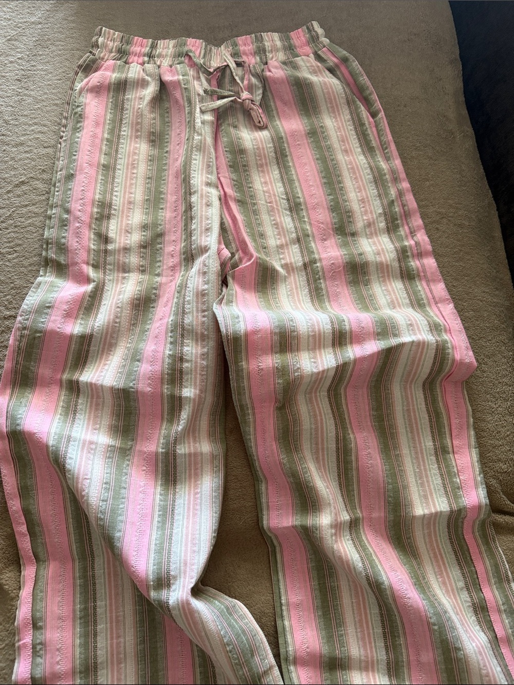 Women's Pink & Sage Striped Drawstring Pants